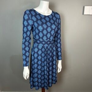 Boden Jersey Dress 6P Long Sleeve Paisley Knee Length Swing Blue Abigail